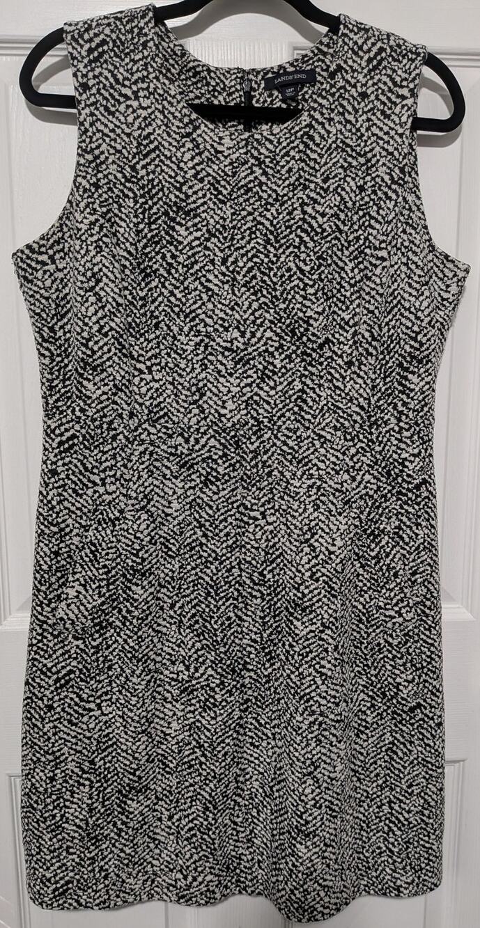Lands' End Black White Tweed Herringbone Sleeveless Shift Dress Career 12P